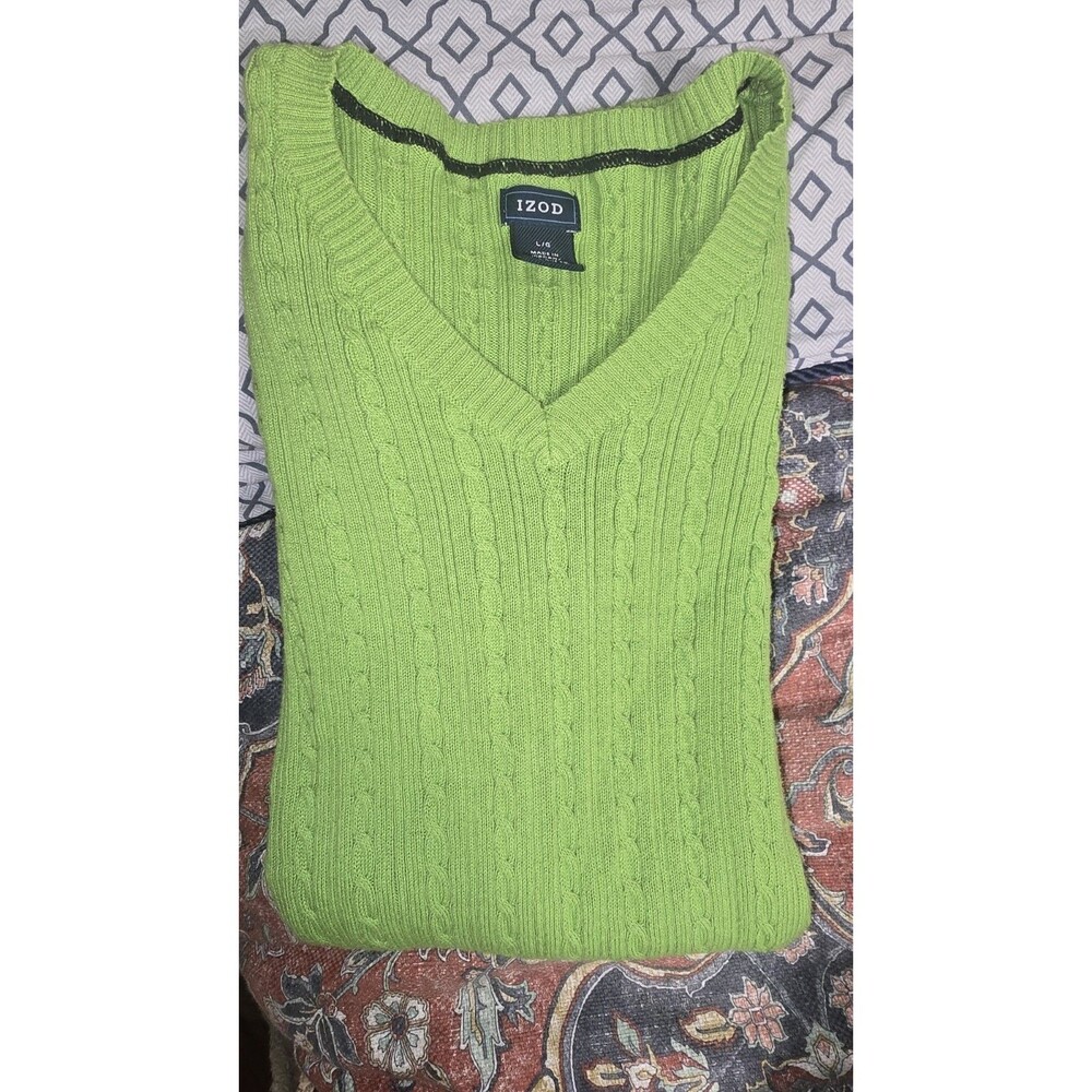 IZOD Women's L Green Lime Cable Knit V-Neck Cotton Sweater